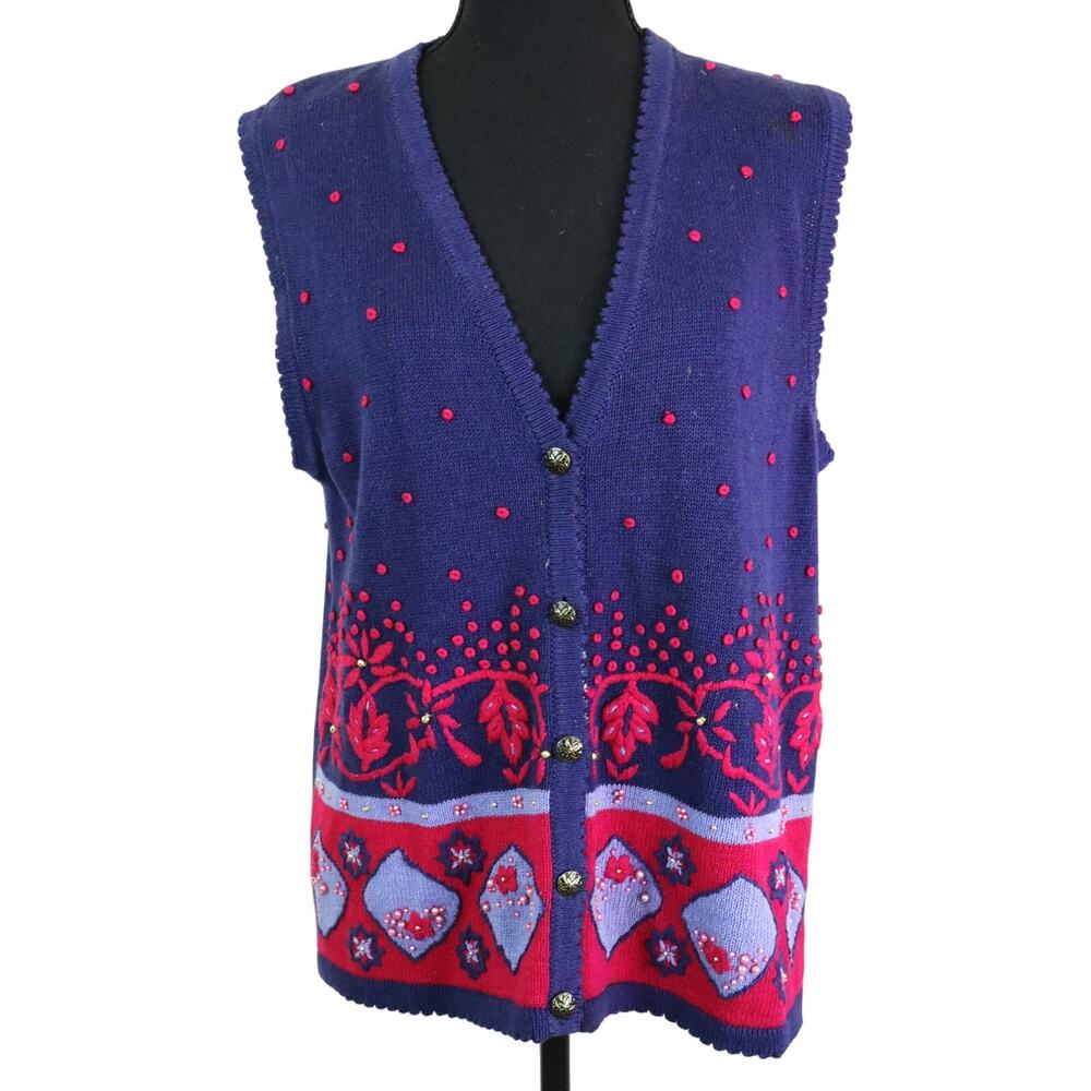 Vintage Joan Steele Embroidered Cotton Ramie Vest Pearls Beaded Knit Blue Pink S